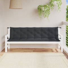 Two anthracite melange garden bench cushions on a white outdoor bench.