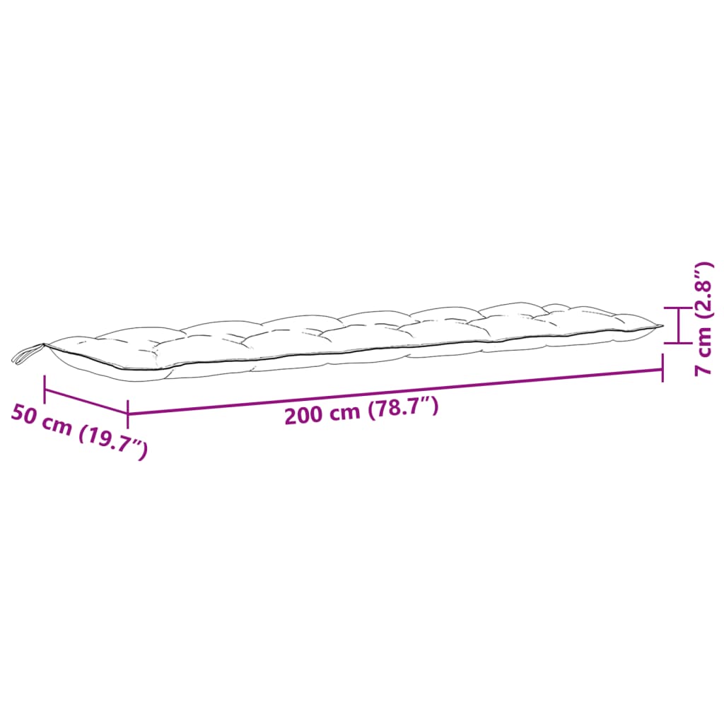 Two anthracite melange garden bench cushions, each measuring 200x50x7 cm with ties.
