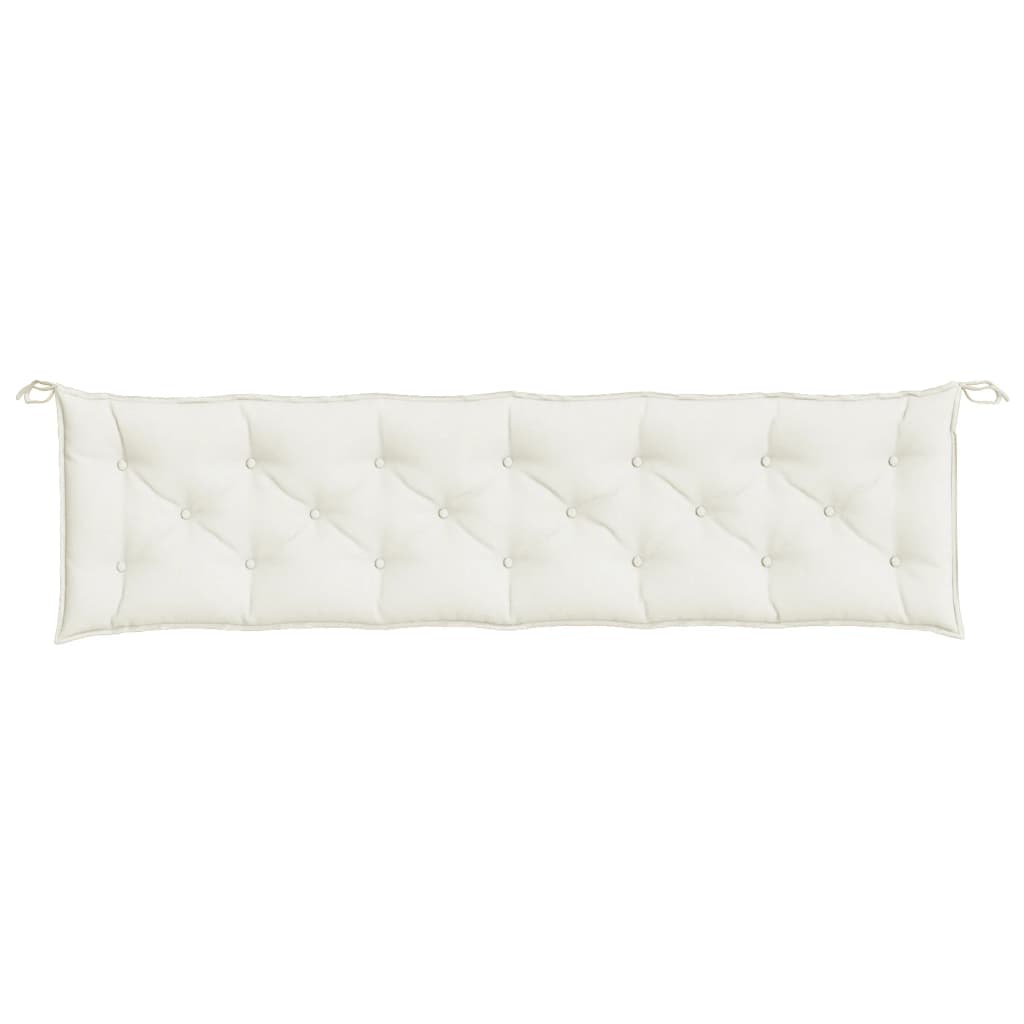 Cream melange fabric garden bench cushions, 2-pack, with tufted design and corner ties.