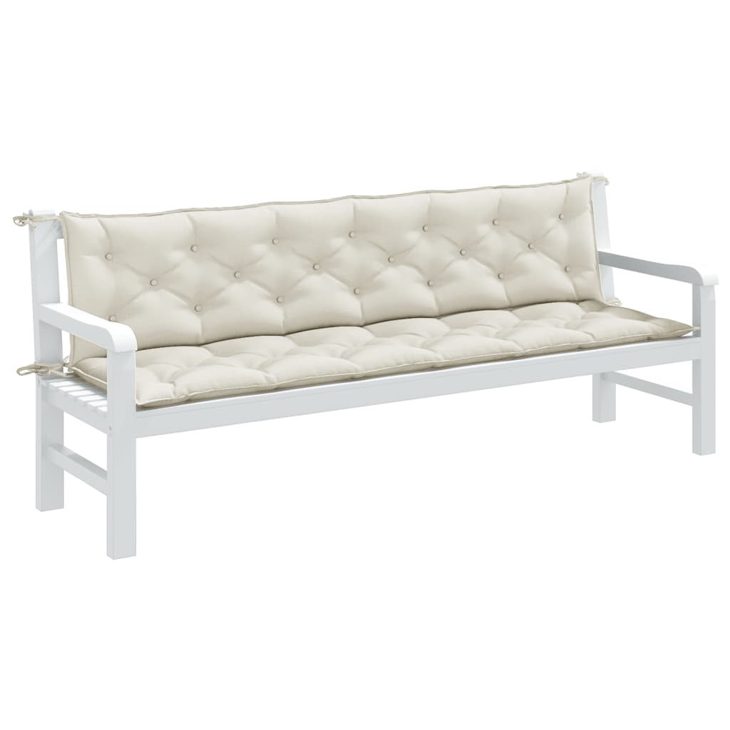 Cream melange fabric garden bench cushions, 2-pack, with ties for securing.