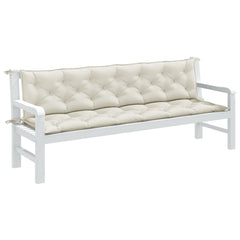 Cream melange fabric garden bench cushions, 2-pack, with ties for securing.