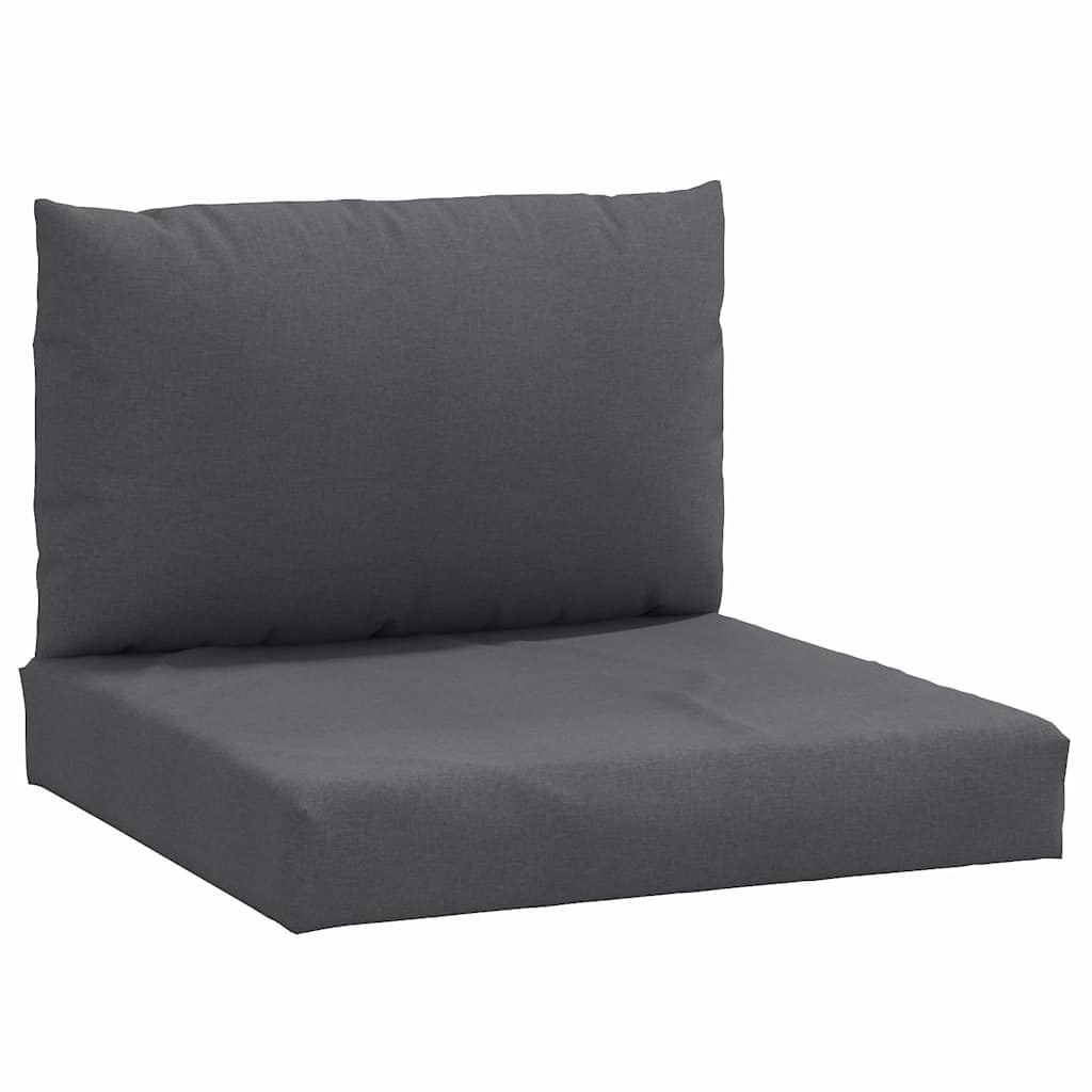 Two-piece anthracite melange pallet cushions with polyester fabric seat and back.
