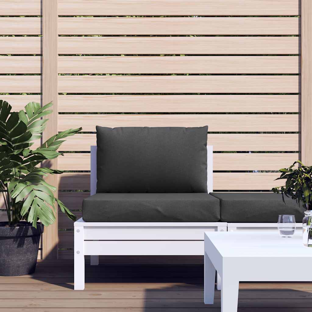 Two anthracite melange polyester cushions on a white pallet sofa with plants and table.