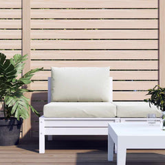 Two cream polyester pallet cushions, one seat and one back, on a white wooden outdoor sofa.