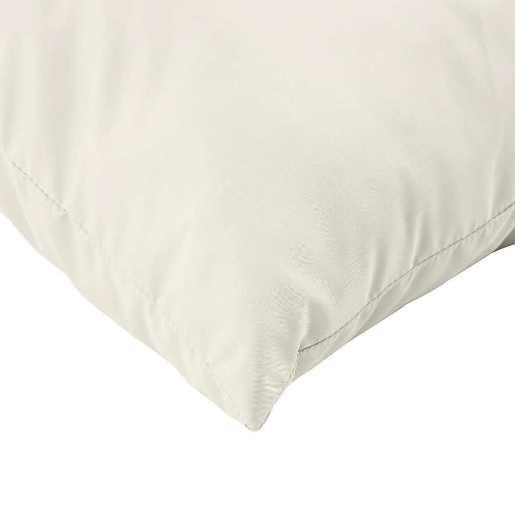 Two cream melange polyester pallet cushions, one seat and one back, for comfortable seating.