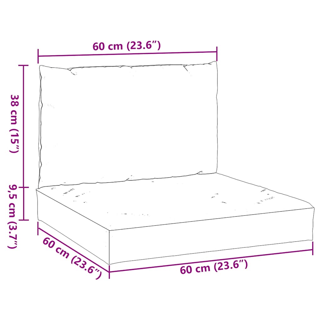 Diagram of cream polyester pallet cushions: seat 60x60x9.5 cm, back 60x38x13 cm.