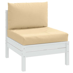 Beige polyester pallet cushions set with seat and back pillows on white frame.