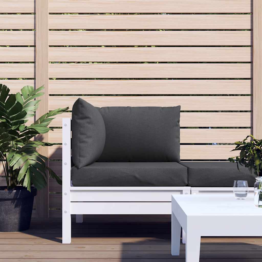 Three-piece anthracite melange cushions on a white pallet sofa with side table and plants.