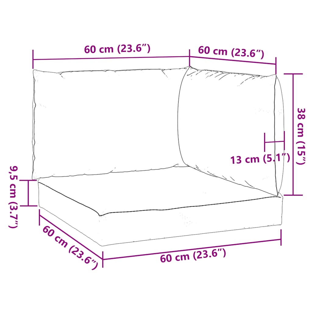 Diagram of 3-piece pallet cushions showing 60 cm width, 36 cm depth, and 13 cm height in melange anthracite fabric.