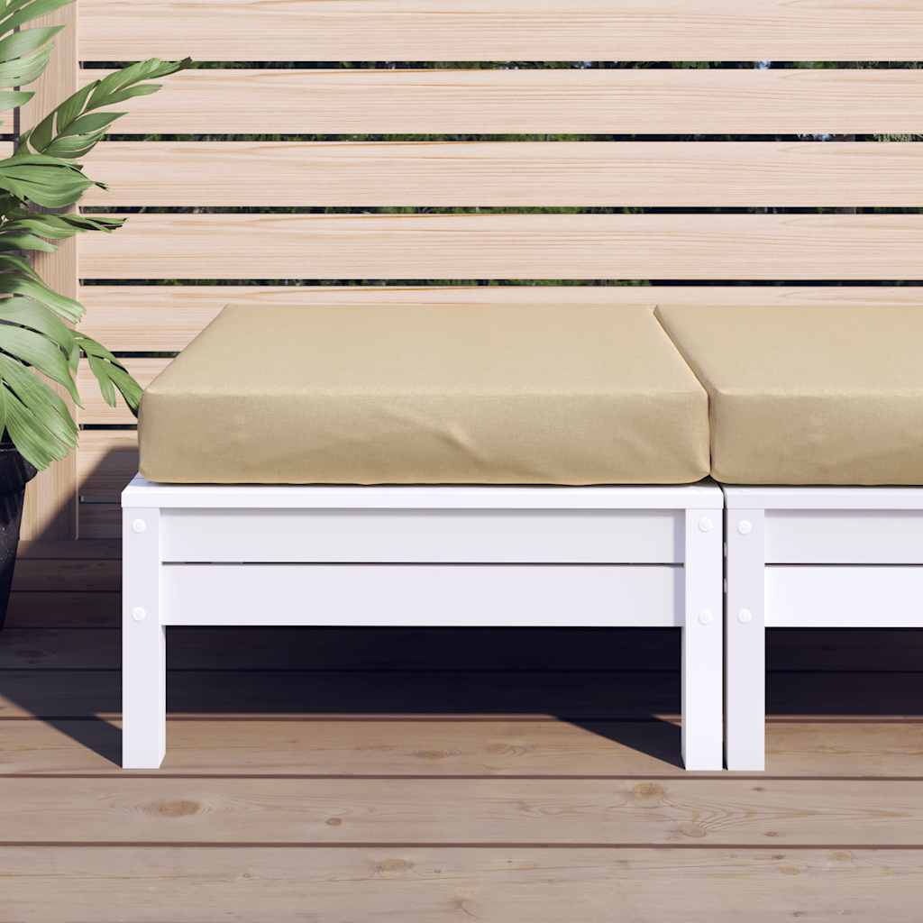 Beige polyester pallet cushion, 23.6x23.6x3.7 inches, on outdoor deck with plants.