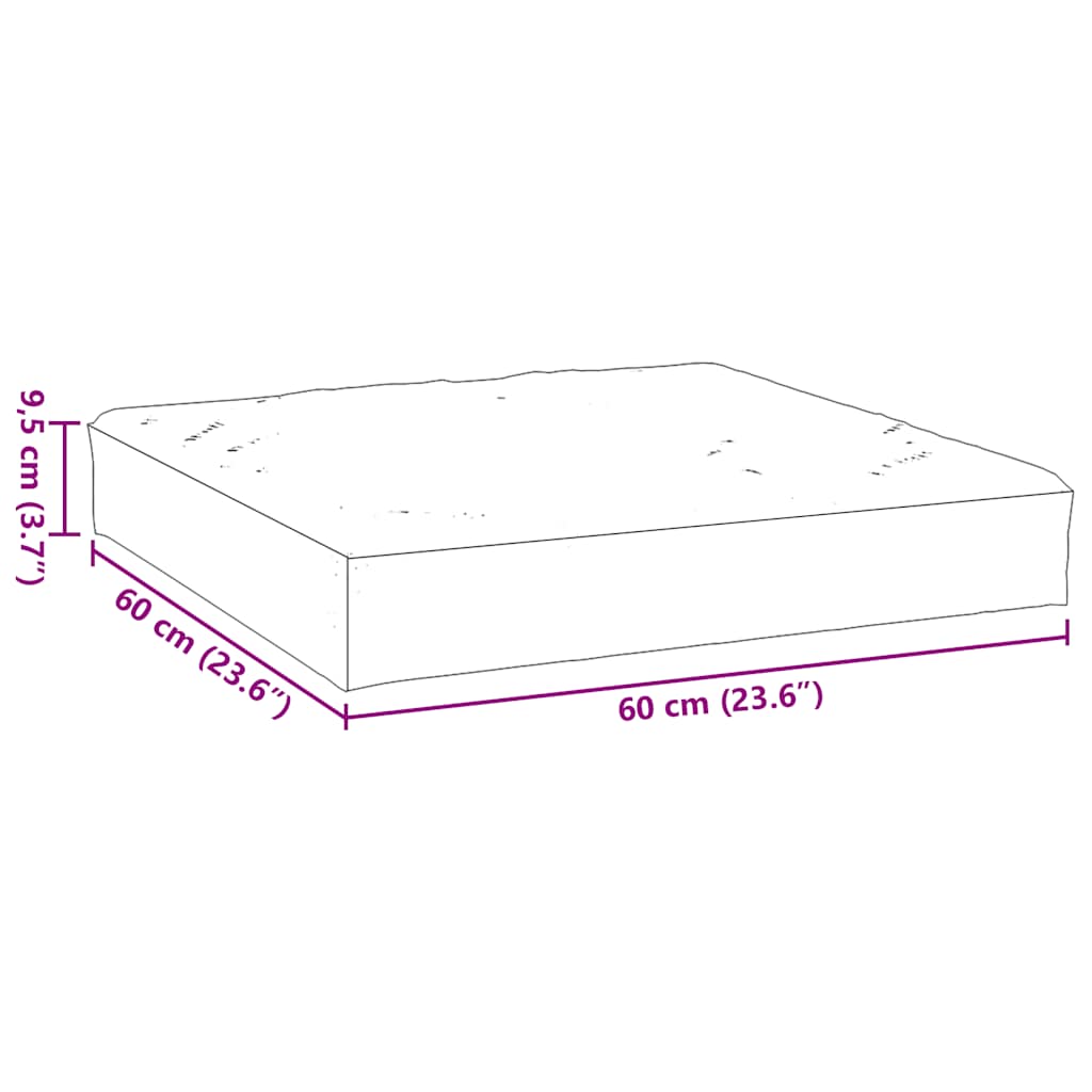 Diagram of a beige polyester pallet cushion measuring 60 cm by 60 cm by 9.5 cm.
