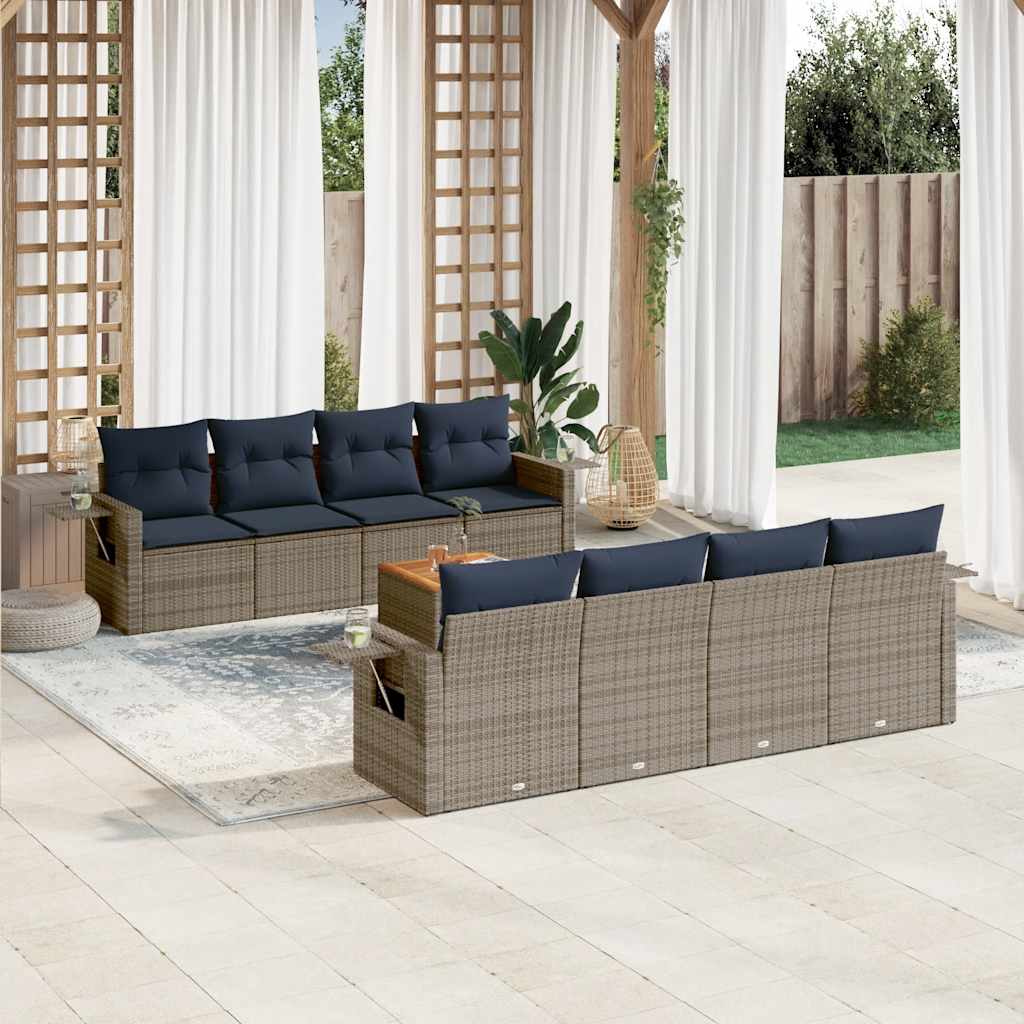 9 Piece Garden Sofa Set with Cushions Grey Poly Rattan