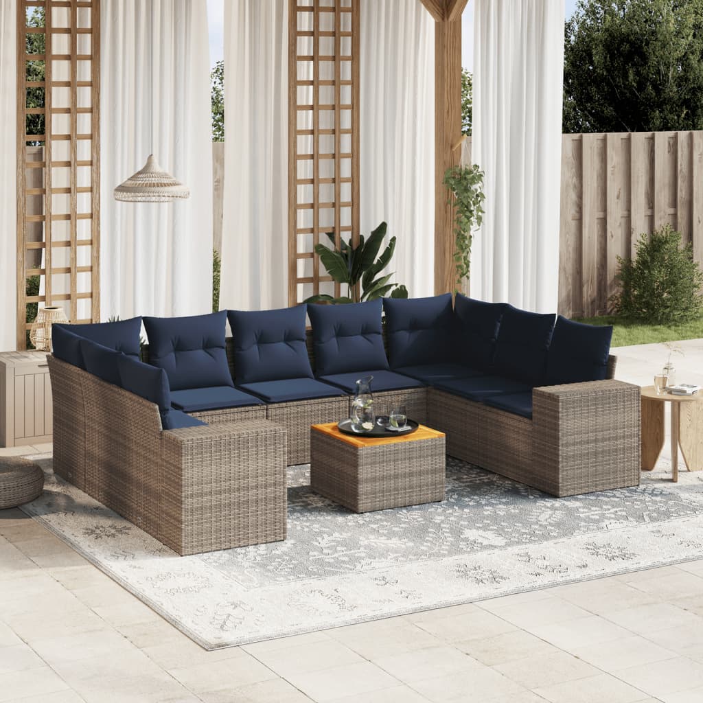 10 Piece Garden Sofa Set with Cushions Grey Poly Rattan