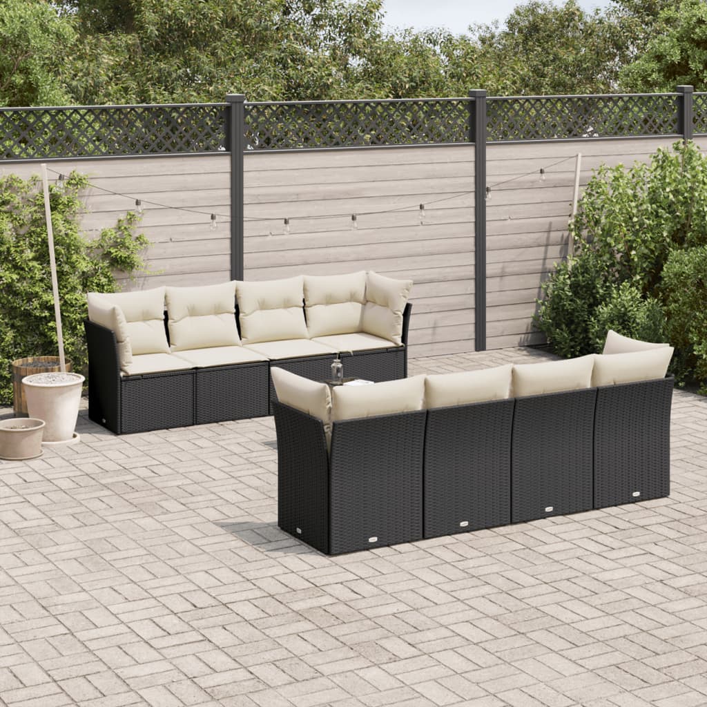 Garden Sofa Set Black PE Rattan, Powder-Coated Steel Large
