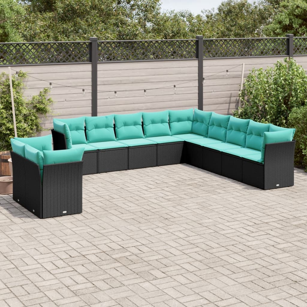 11 Piece Patio Sofa Set with Cushions Black Poly Rattan
