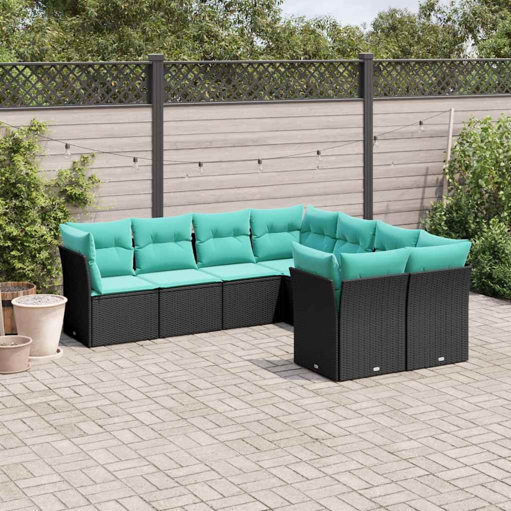 8 Piece Patio Sofa Set with Cushions Black Poly Rattan