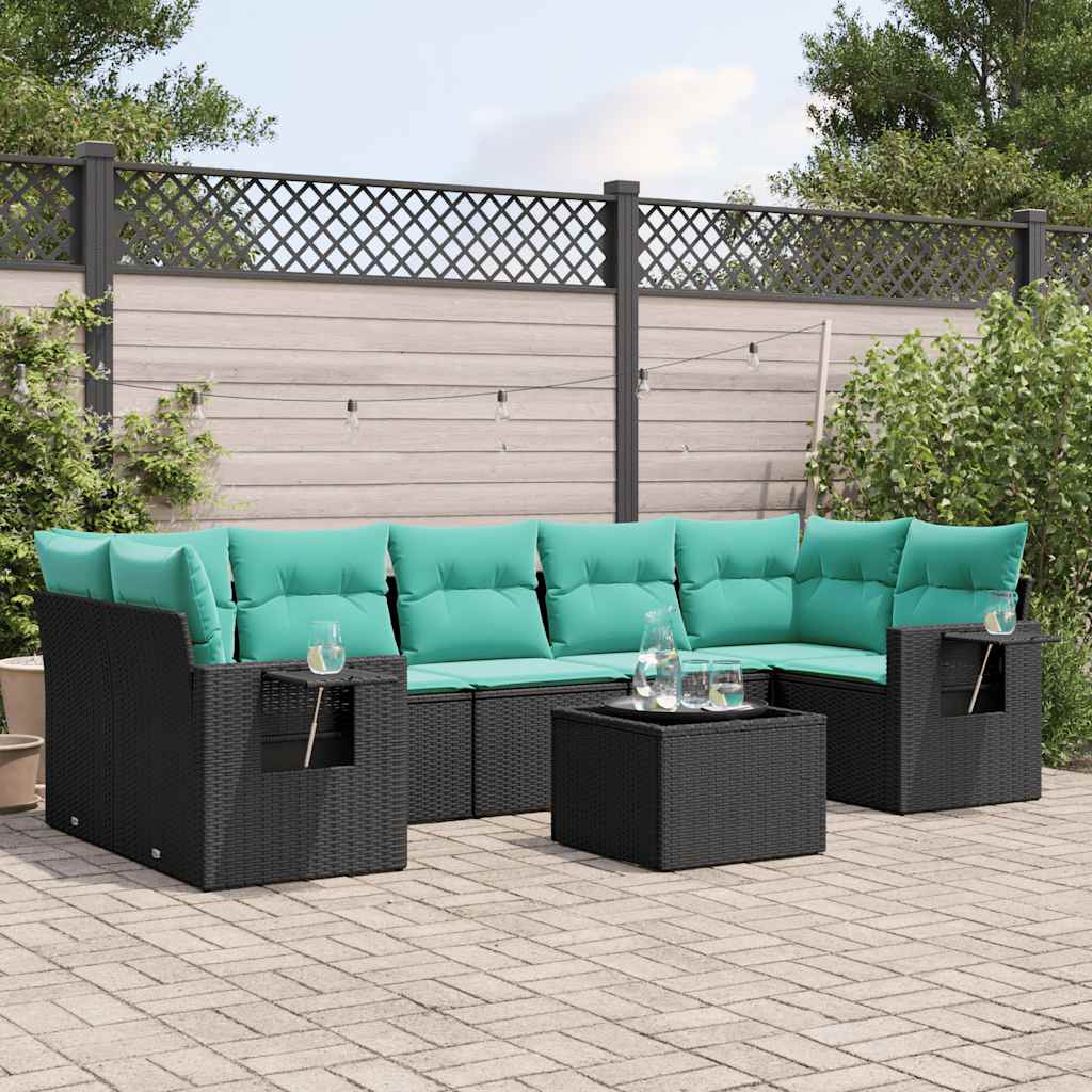 8 Piece Garden Sofa Set with Cushions Black Poly Rattan