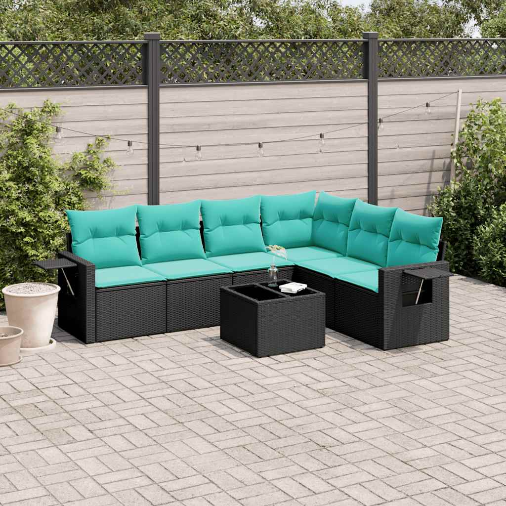 7 Piece Garden Sofa Set with Cushions Black Poly Rattan