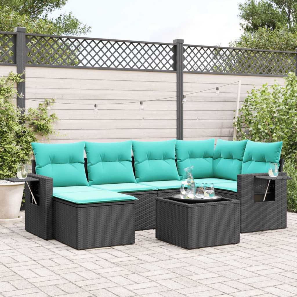 7 Piece Garden Sofa Set with Cushions Black Poly Rattan
