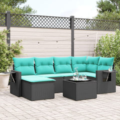 7 Piece Garden Sofa Set with Cushions Black Poly Rattan