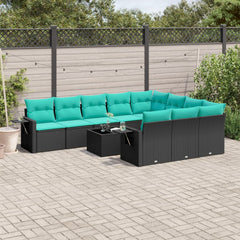11 Piece Garden Sofa Set with Cushions Black Poly Rattan