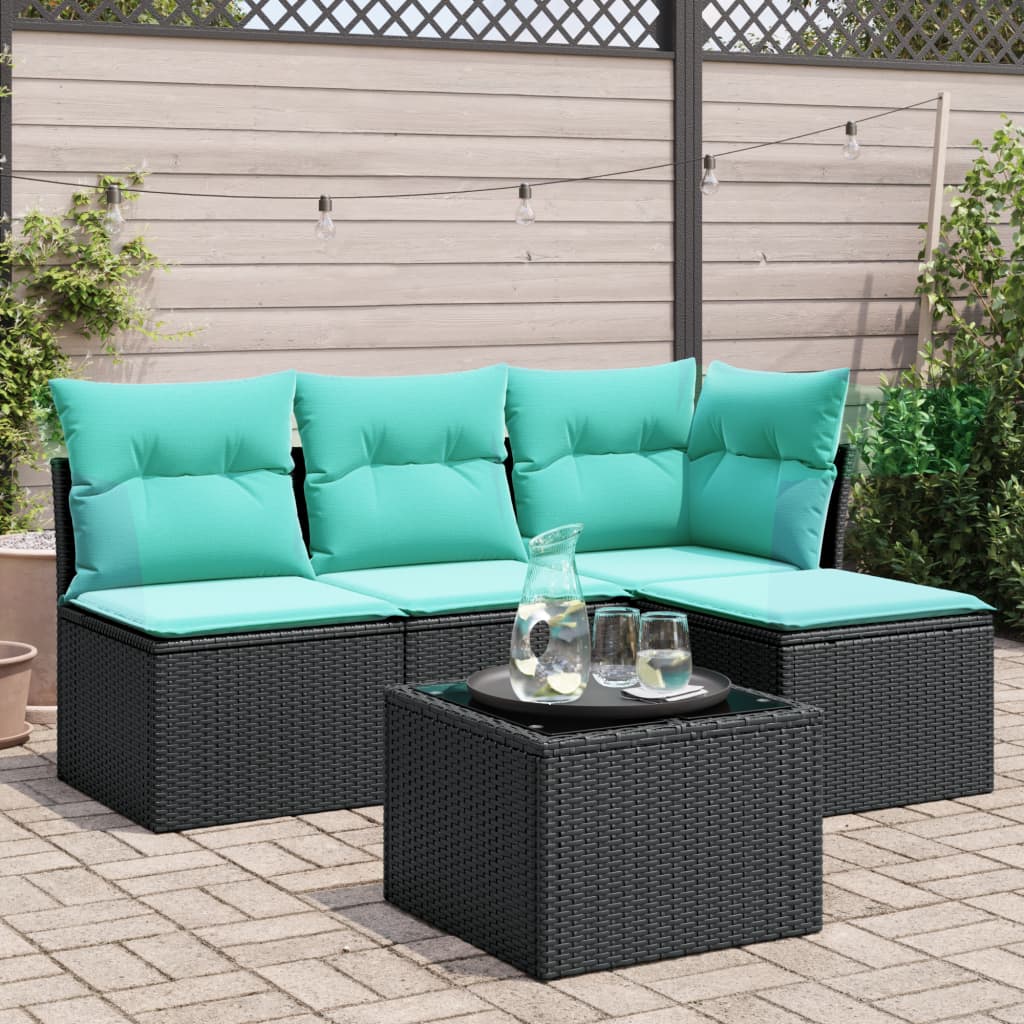 5 Piece Patio Sofa Set with Cushions Black Poly Rattan