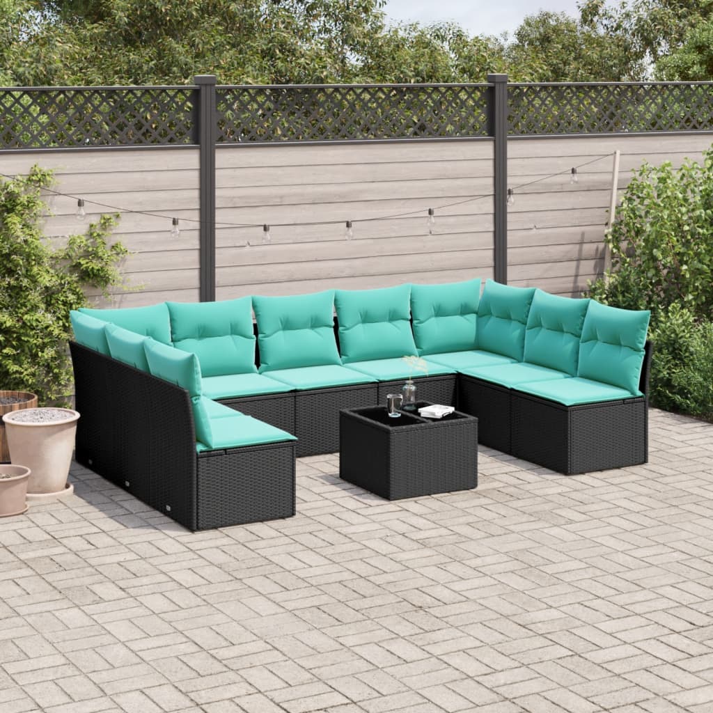 10 Piece Garden Sofa Set with Cushions Black Poly Rattan