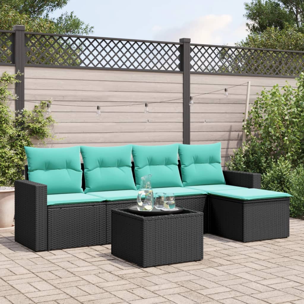 6 Piece Patio Sofa Set with Cushions Black Poly Rattan