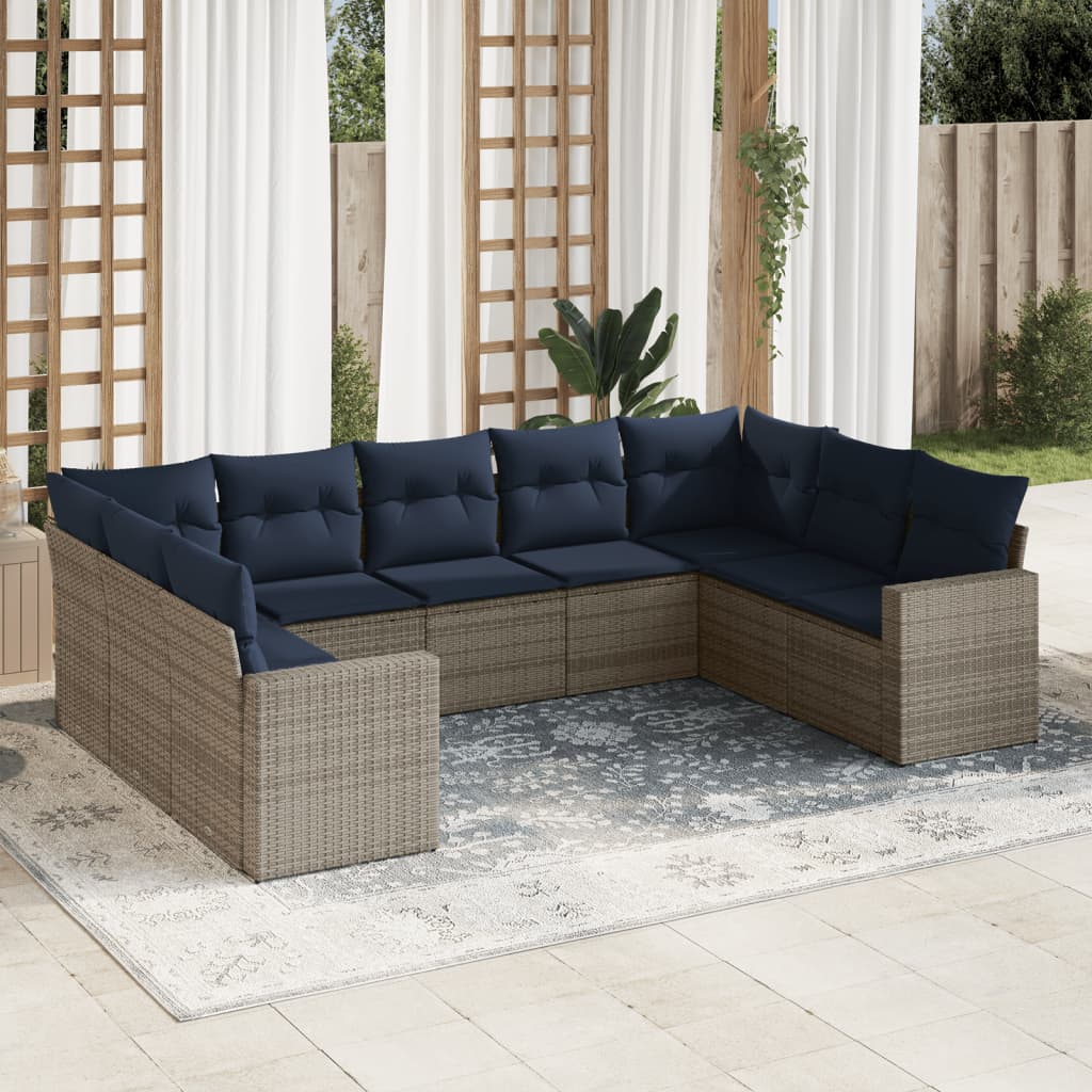 9 Piece Patio Sofa Set with Cushions Gray Poly Rattan