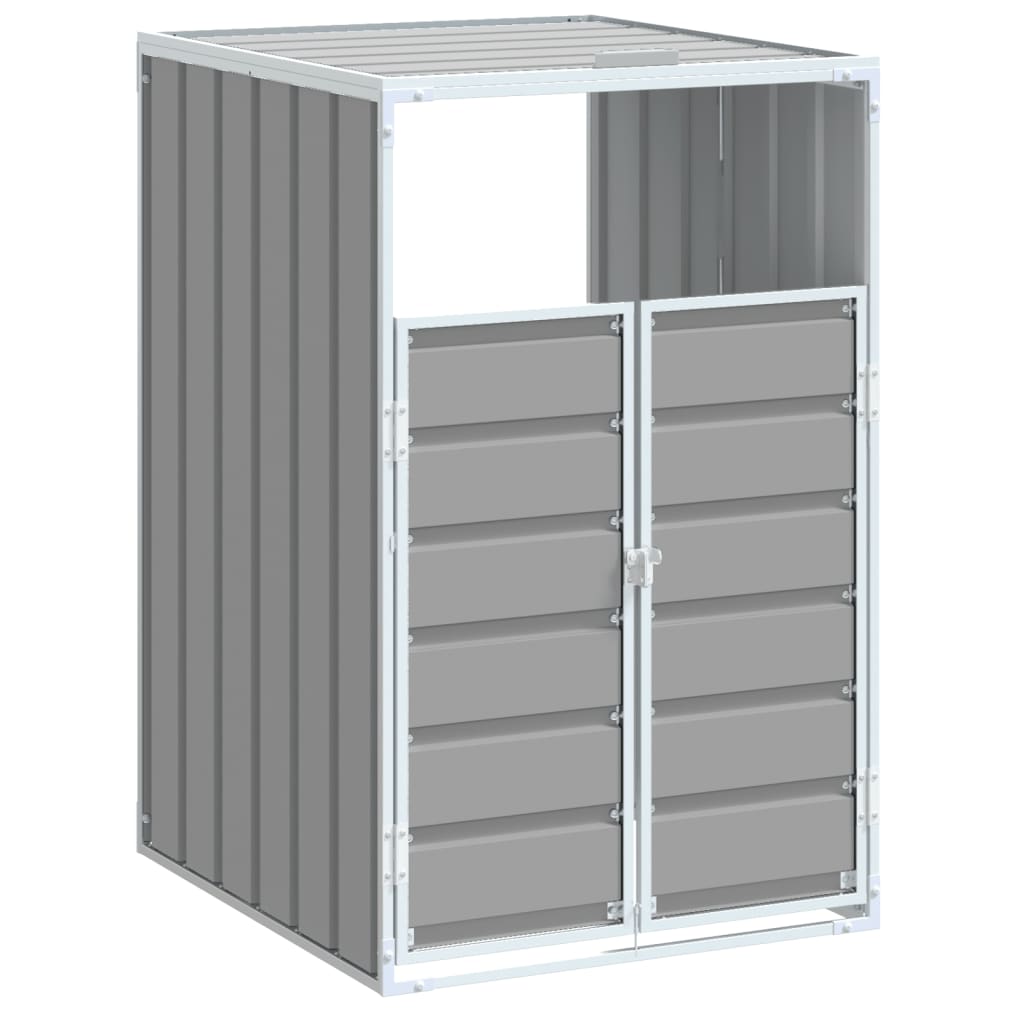Gray steel wheelie bin storage unit for a single 63.4-gallon bin with double doors and sloped roof.