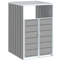 Gray steel wheelie bin storage unit for a single 63.4-gallon bin with double doors and sloped roof.
