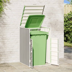Gray steel wheelie bin storage unit with open doors revealing a single green 63.4-gallon bin inside, against a brick wall.