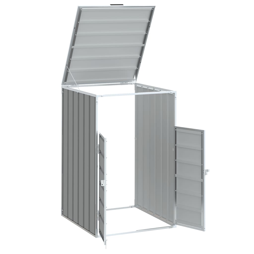 Gray steel wheelie bin storage unit with open lid and doors for a single 63.4-gallon bin.
