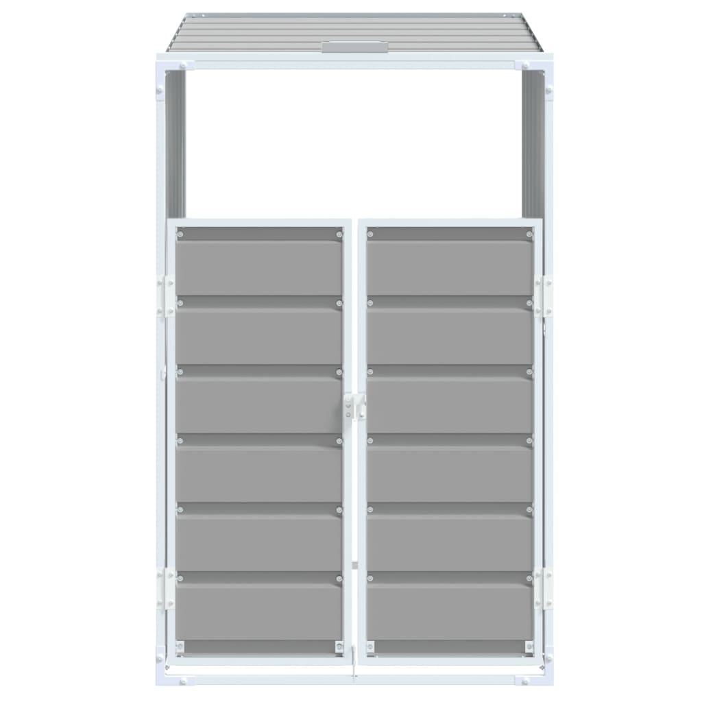 Gray steel wheelie bin storage unit with slatted roof, double doors, and vents for a single 63.4-gallon bin.