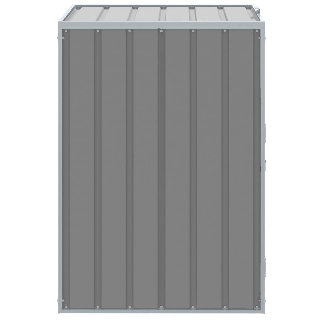 Gray steel wheelie bin storage unit for a single 63.4-gallon bin, with vertical slats and doors.
