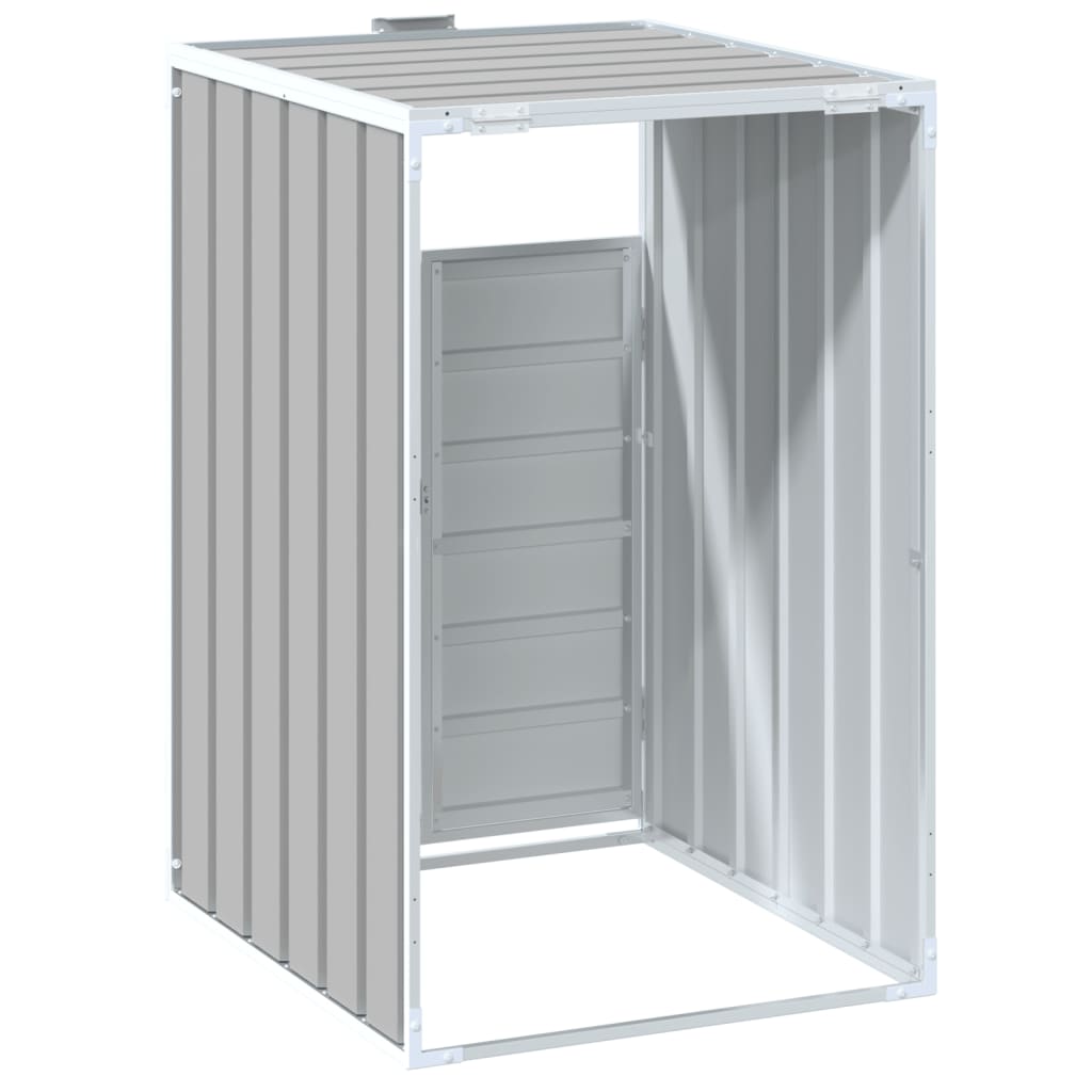 Gray steel wheelie bin storage unit for a single 63.4-gallon bin, with slatted panels and front doors.