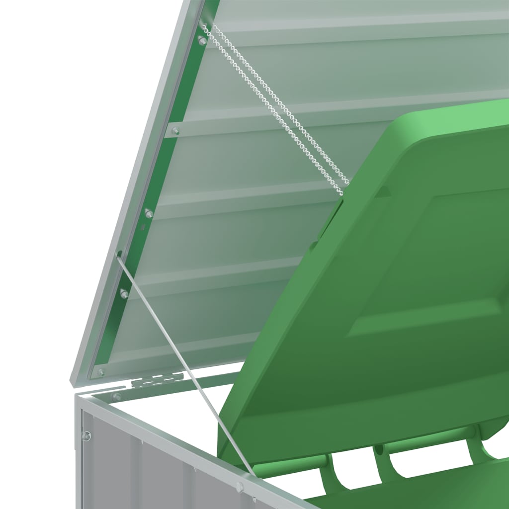 Gray steel wheelie bin storage unit with open green lid on a 63.4-gallon bin.