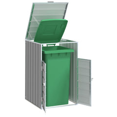 Gray steel wheelie bin storage with open lid and door, housing a single green 63.4-gallon bin.