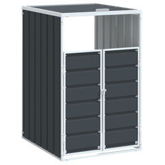 Anthracite steel wheelie bin storage unit for a single 63.4 gal bin, with double doors and sloped roof.
