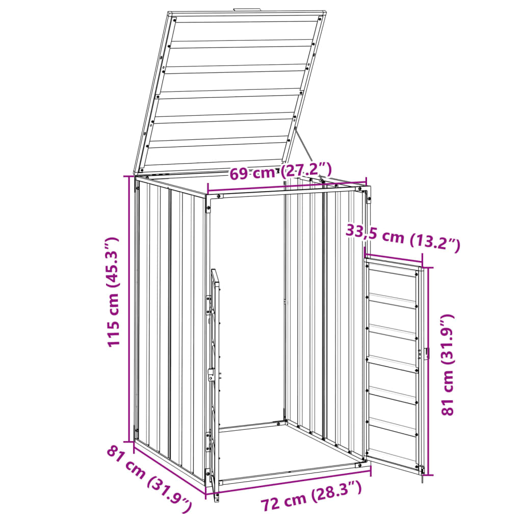 Anthracite steel wheelie bin storage unit with open lid and doors, dimensions shown.