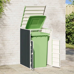 Anthracite steel wheelie bin storage unit with open green 63.4 gal bin against a brick wall.