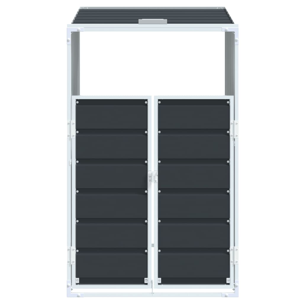 Anthracite steel wheelie bin storage unit with double doors and sloped roof for a single 63.4 gal bin.