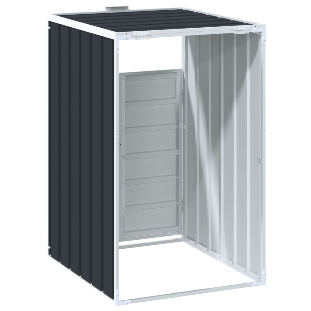 Anthracite steel wheelie bin storage unit for a single 63.4-gallon bin, with open front doors and sloped roof.