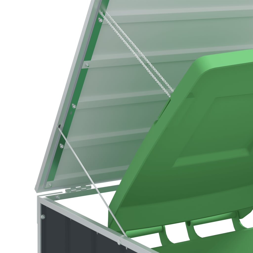 Anthracite steel wheelie bin storage with open lid and green bin inside.