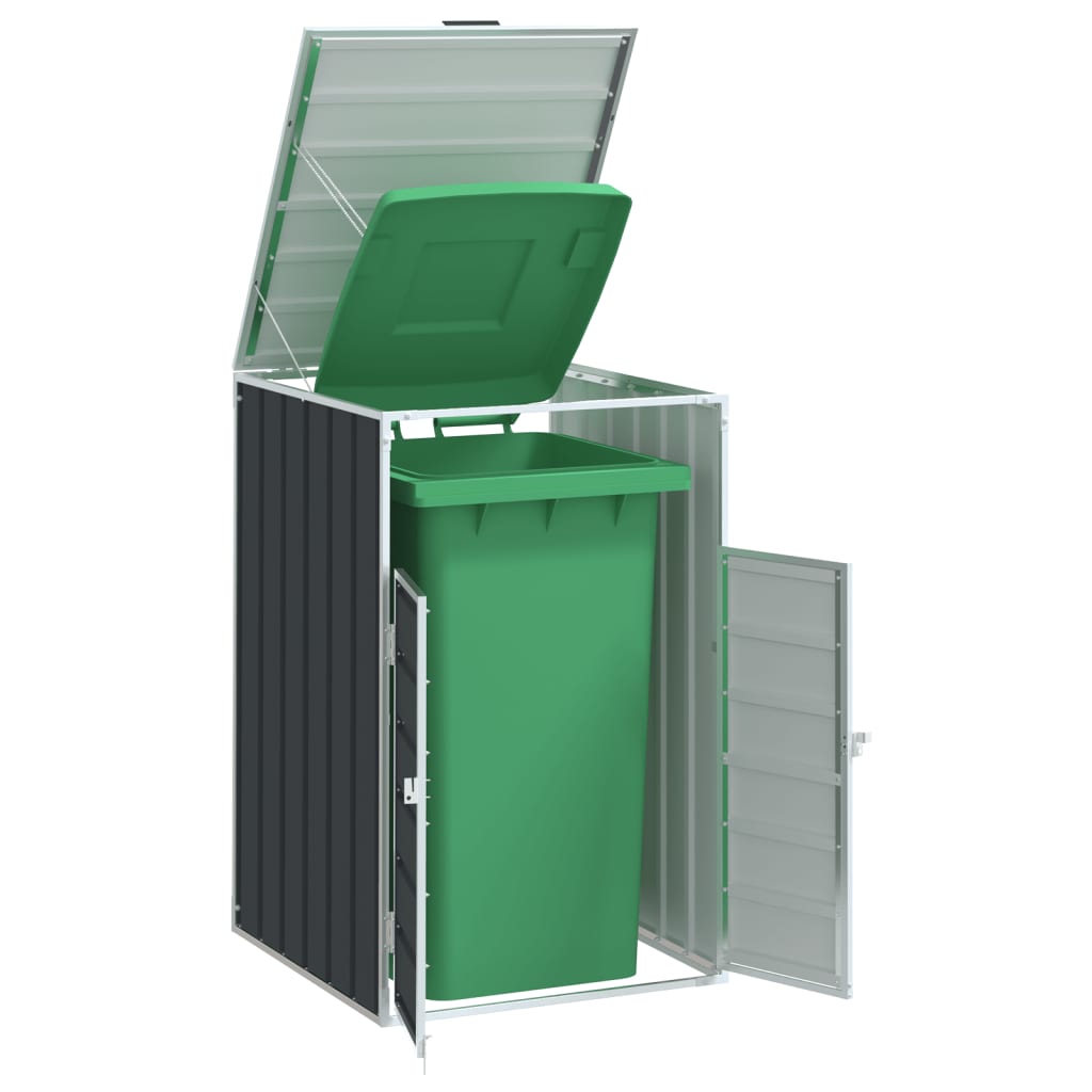 Anthracite steel wheelie bin storage unit with open lid and doors, holding a single green 63.4 gal bin.