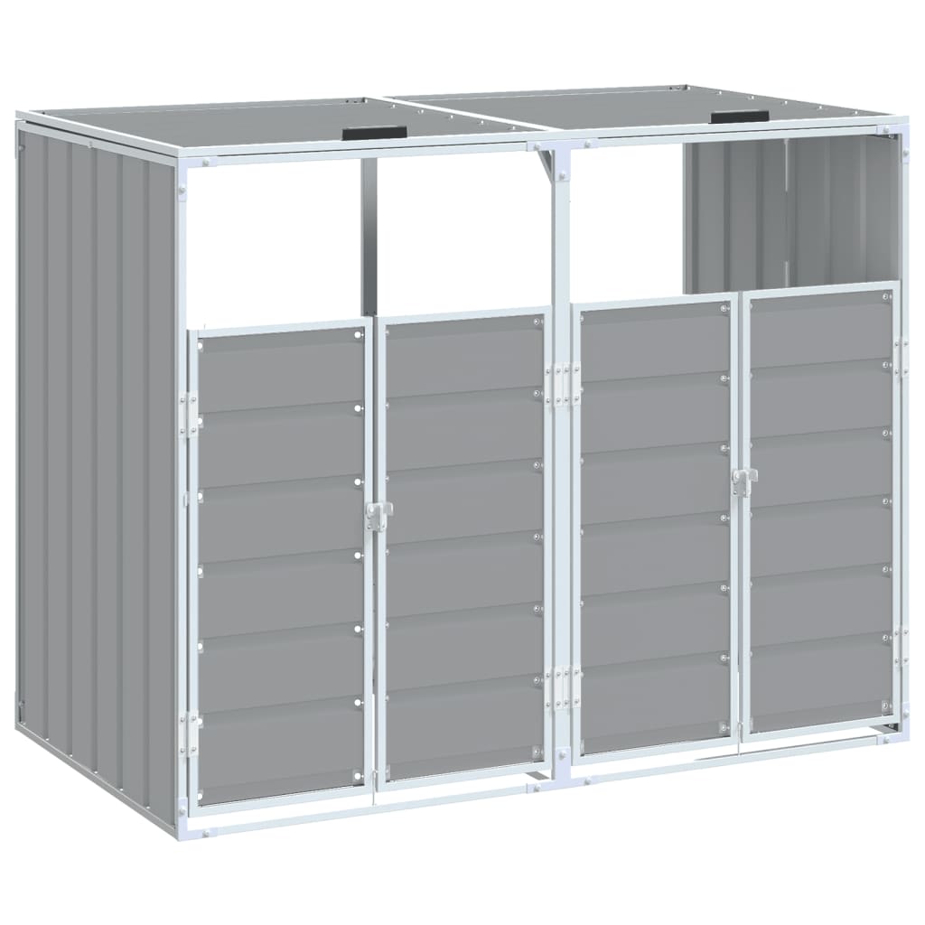 Gray steel wheelie bin storage unit for two bins, with doors and roof, measuring 56.7x31.9x44.5 inches.