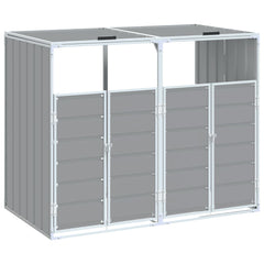 Gray steel wheelie bin storage unit for two bins, with doors and roof, measuring 56.7x31.9x44.5 inches.