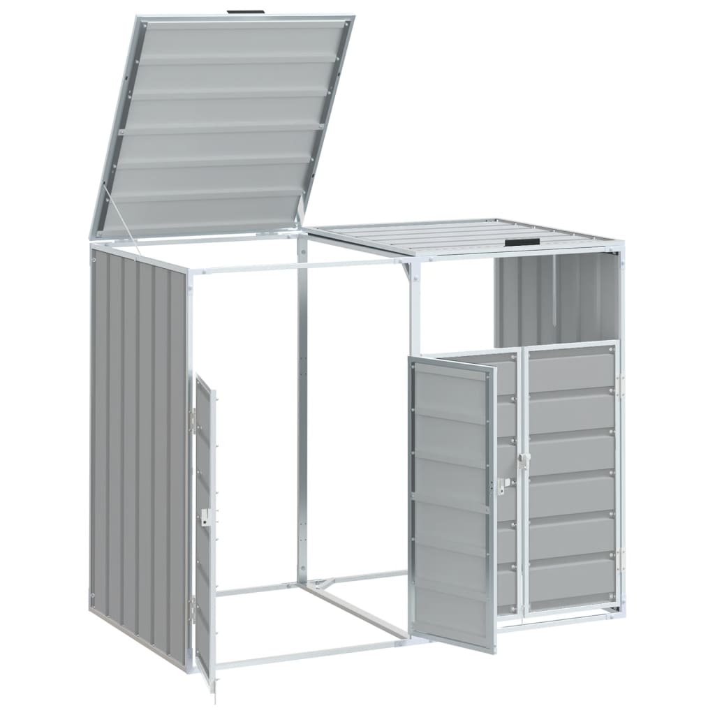 Gray steel wheelie bin storage unit with open lid and doors for two bins.