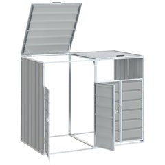 Gray steel wheelie bin storage unit with open lid and doors for two bins.