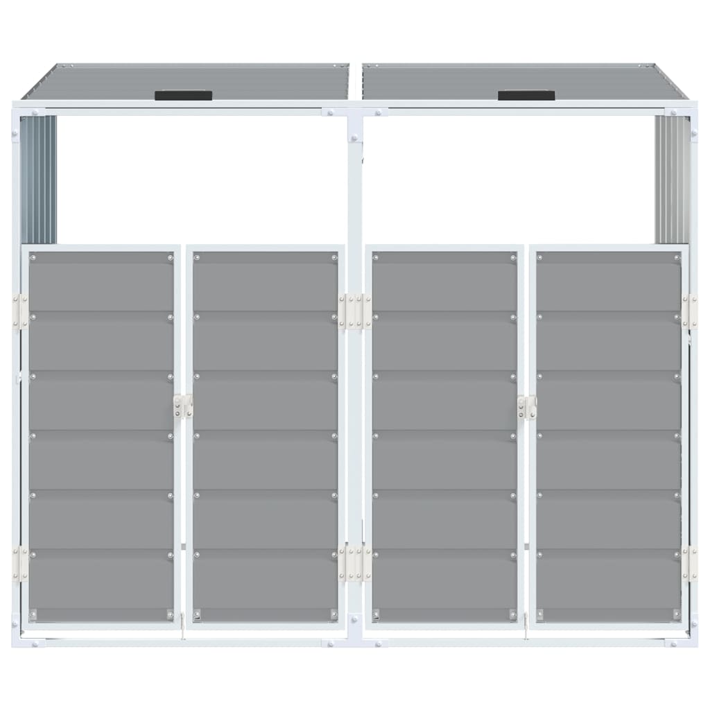 Gray steel wheelie bin storage unit for two bins, measuring 56.7x31.9x44.5 inches.